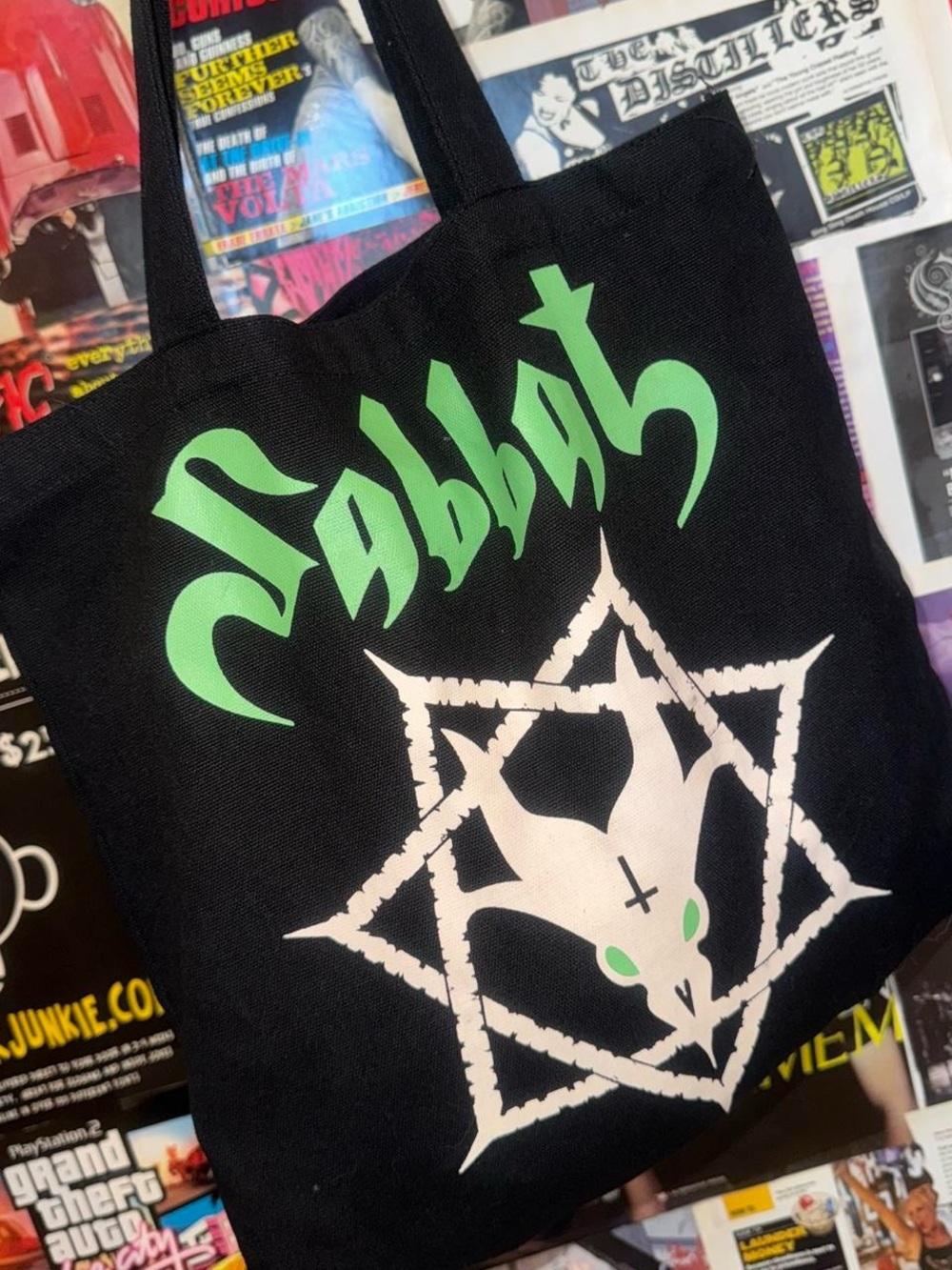 Black Tote Bag with Green 'Sabbat' Band Logo
